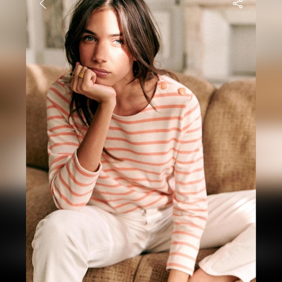 Sezane Colette 100% Organic Cotton Orange and White Striped Long Sleeve Tee - Picture 1 of 4